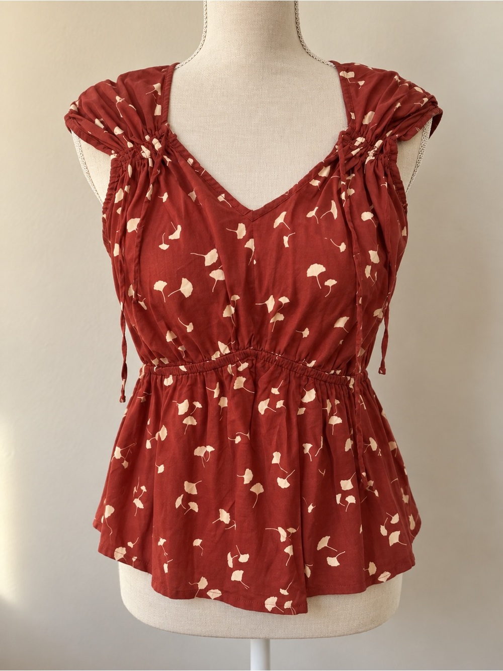 Time and Tru Rust Red Floral-Print Peplum Top